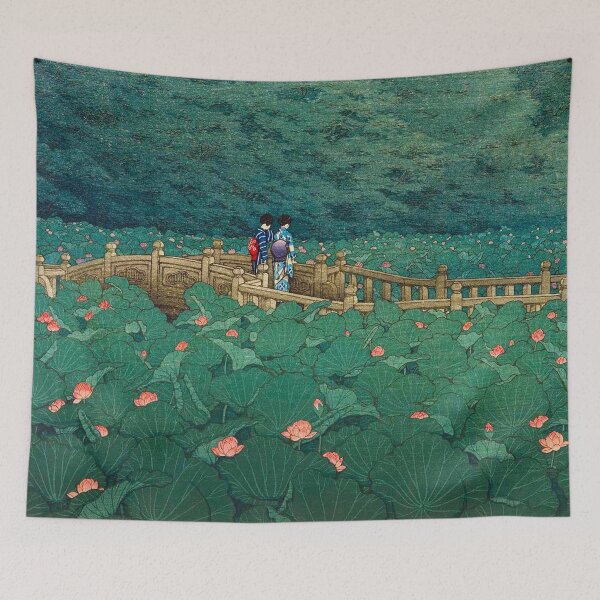 Aperçu de l'œuvre L'étang au sanctuaire Benten à Shiba, gravure sur bois japonaise Kawase Hasui Vintage Art culturel de l'Asie de l'Est créée et vendue par Ejaaz.