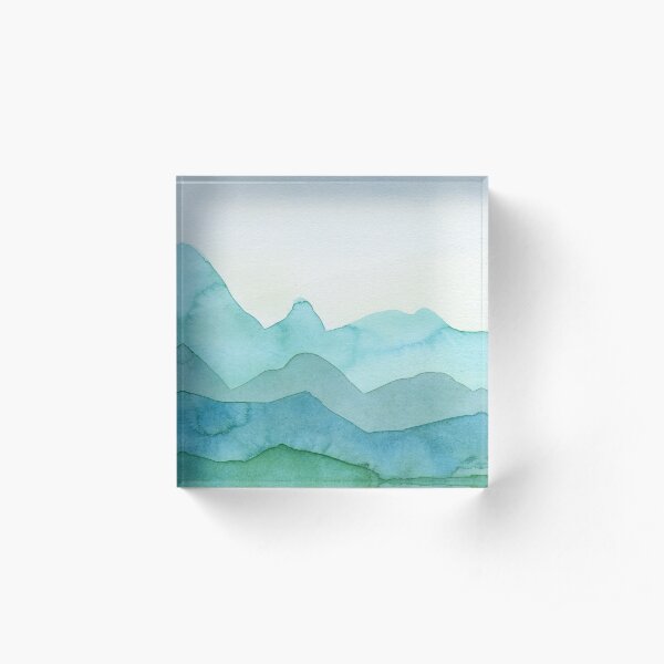 Berge in Grün, Türkis, Blau Acrylblock