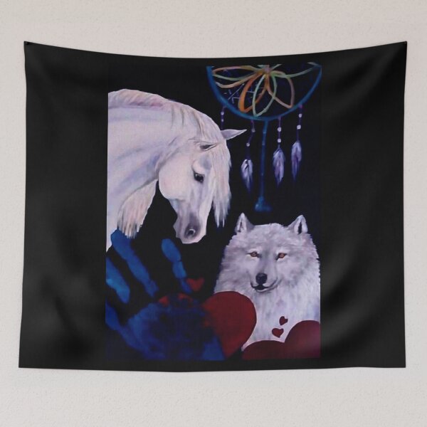 Item preview, Dream catcher horse and wolf gouache painting designed and sold by horseaddicted.