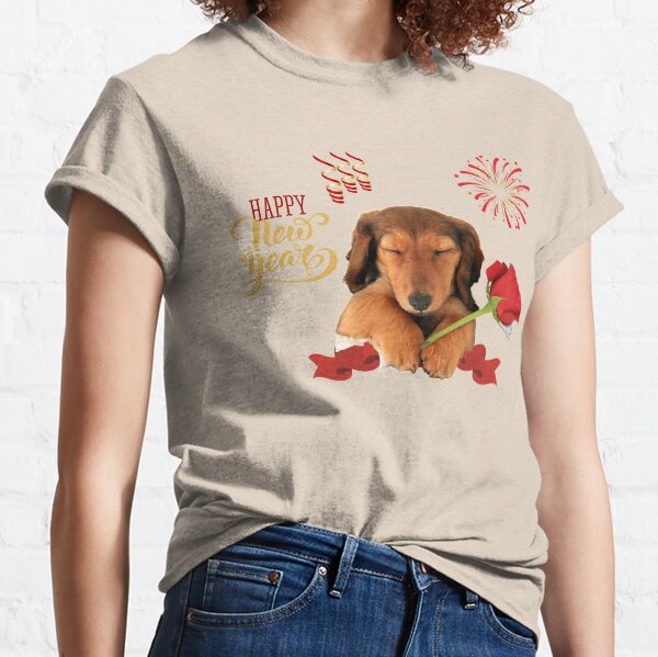 Live Dachie Pup with Red Rose New Year Classic T-Shirt