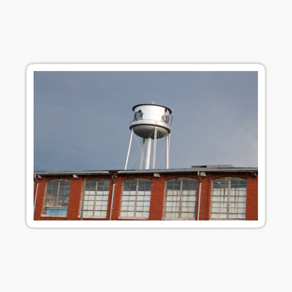 Lowe Mill Water Tower in Huntsville Alabama with a silver sky (Unedited) Sticker