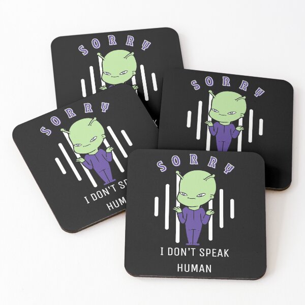 Item preview, Sorry I Don't Speak Human, Cute Tiny Alien, Green Extraterrestrial in a Purple Jumpsuit Shrugging, Sciencefictionart designed and sold by Black11Flamingo.