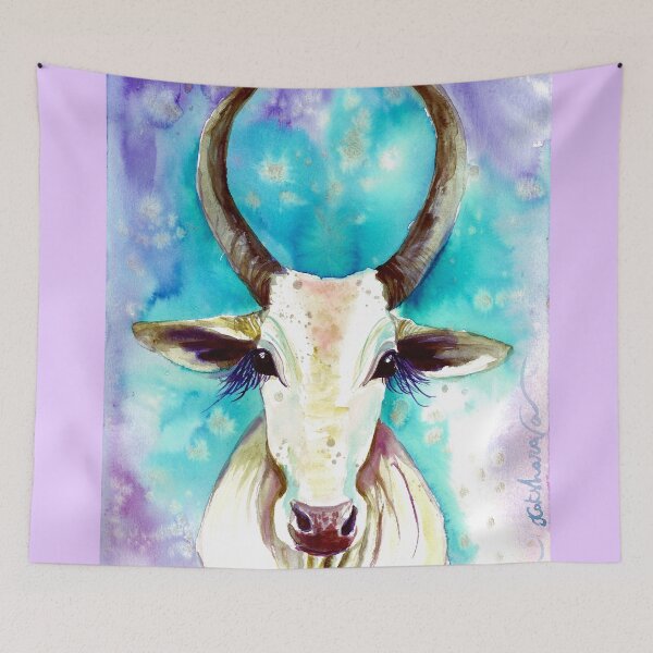 Item preview, Milky way galaxy cow, longhorn Indian cow watercolor designed and sold by orangerinka.