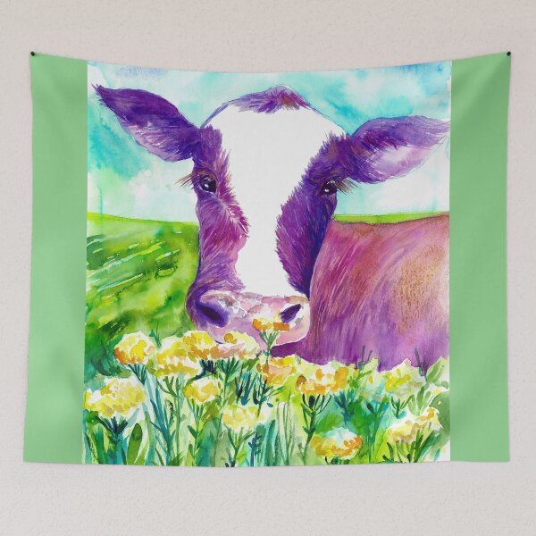 Item preview, Purple calf, cow in the green field watercolor designed and sold by orangerinka.