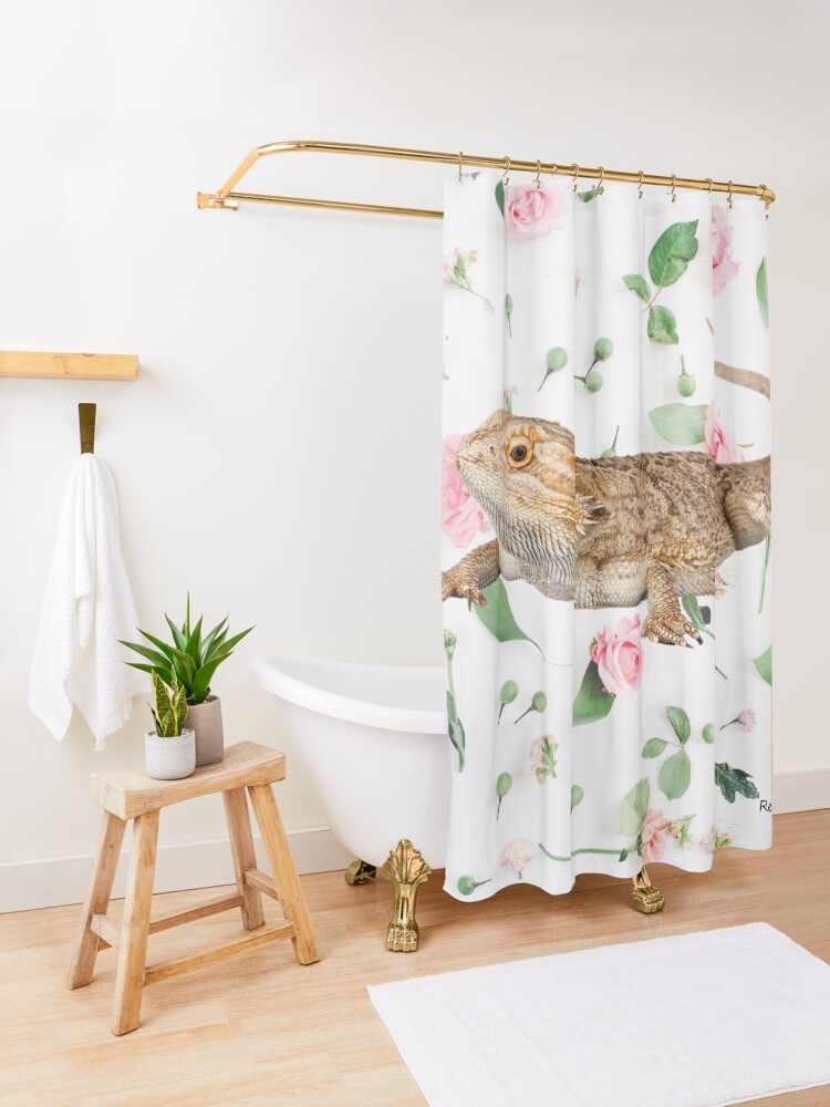 Alternate view of Bearded Dragon On A Carnation Background Shower Curtain