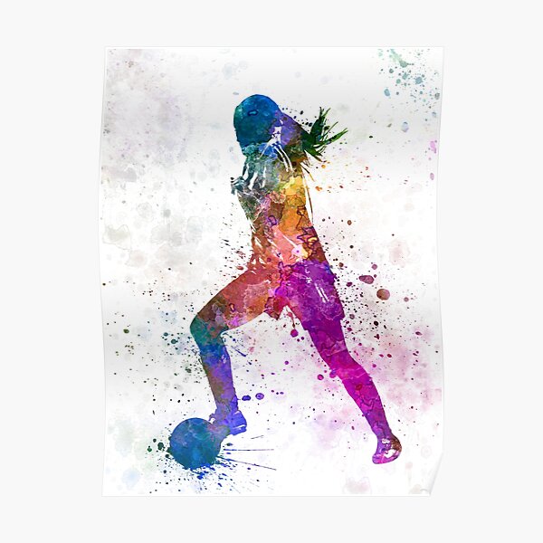 Girl playing soccer football player silhouette Poster