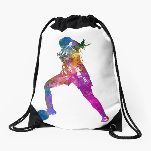 Girl playing soccer football player silhouette Drawstring Bag
