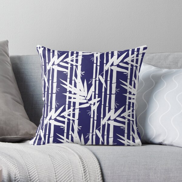 Bamboo Leaves Pattern in Navy Blue and White Throw Pillow