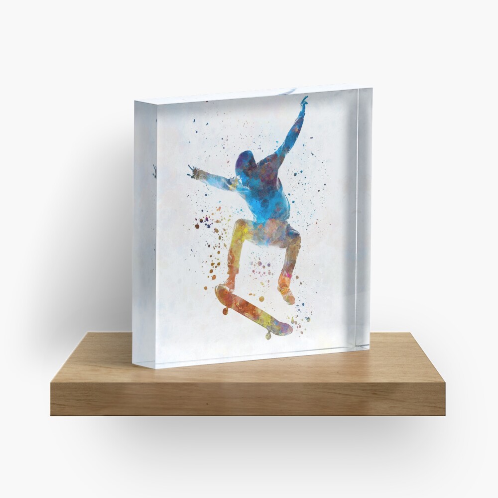 Man skateboard 01 in watercolor Acrylic Block
