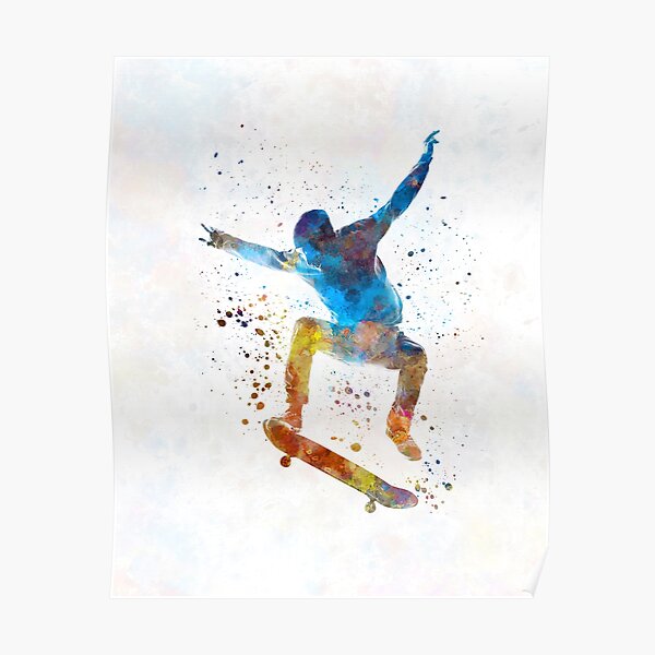 Skateboard homme 01 à l'aquarelle Poster