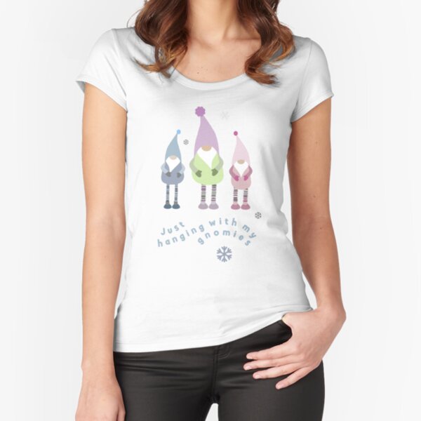 Cute Just Hanging with my Gnomies Christmas Fun.  Pastel pink, green and blue for kids too. Fitted Scoop T-Shirt