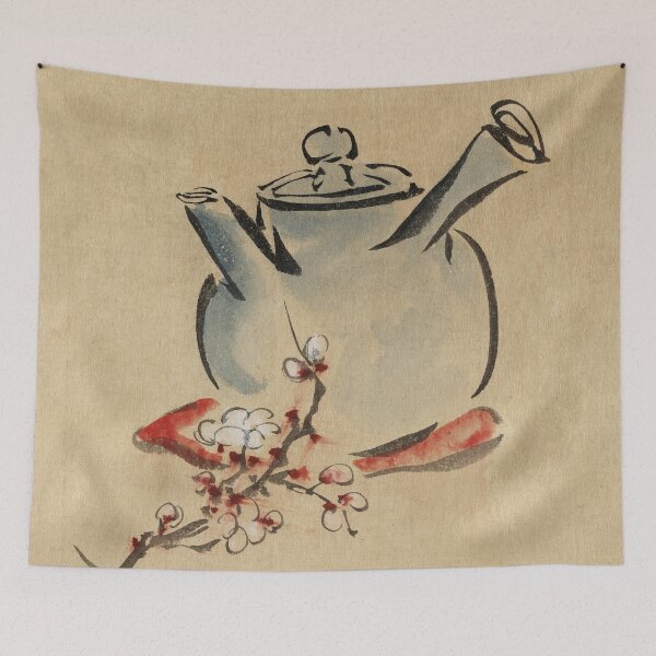 Item preview, Burnished art print ink drawing teapot with blossom branch designed and sold by Kallandra.