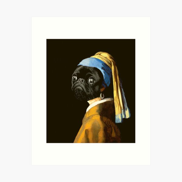 Item preview, Black Pug Portrait Girl with a pearl earring - Jan Vermeer Dutch Painter Funny Pug Fine Art designed and sold by conceptDVS.
