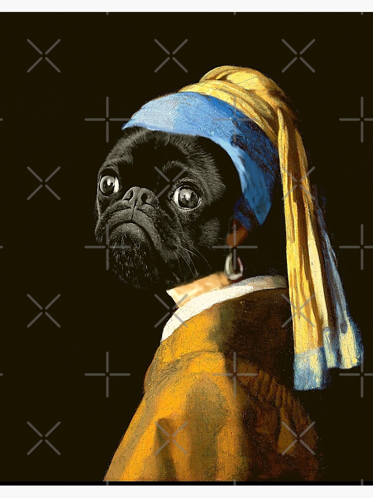 Black Pug Portrait Girl with a pearl earring - Jan Vermeer Dutch Painter  Funny Pug Fine Art | Art Board Print