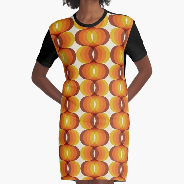 Orange, Brown, and Ivory Retro 1960s Wavy Pattern Graphic T-Shirt Dress