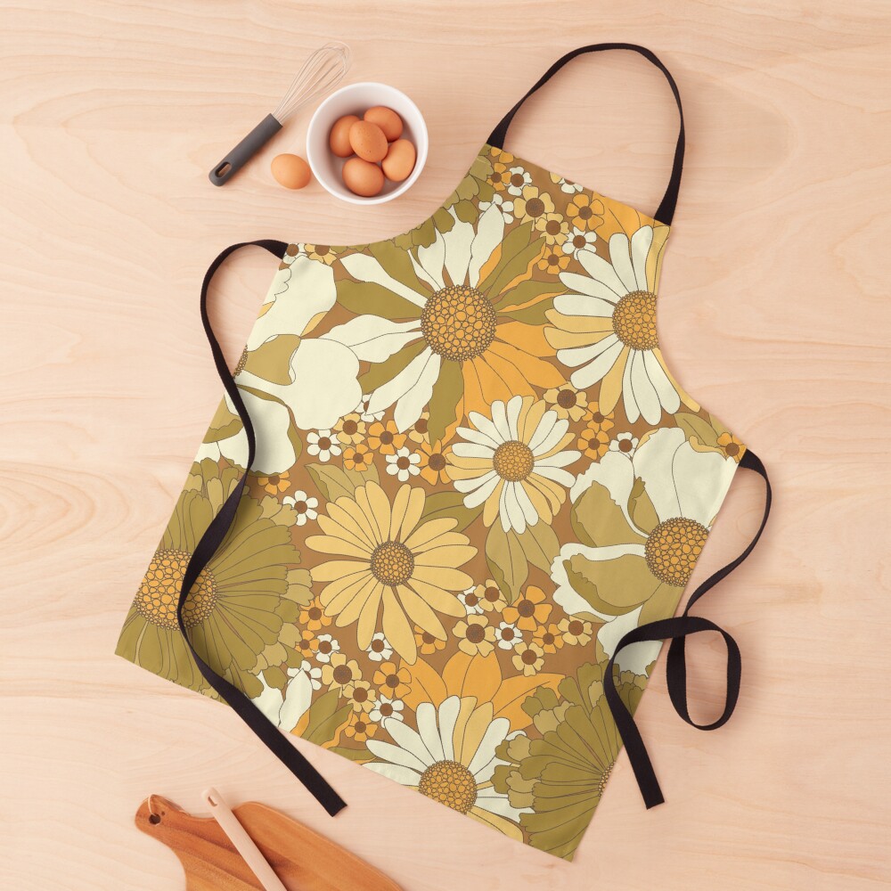 Brown, Orange, Ivory & Green Vintage Flower Pattern Apron