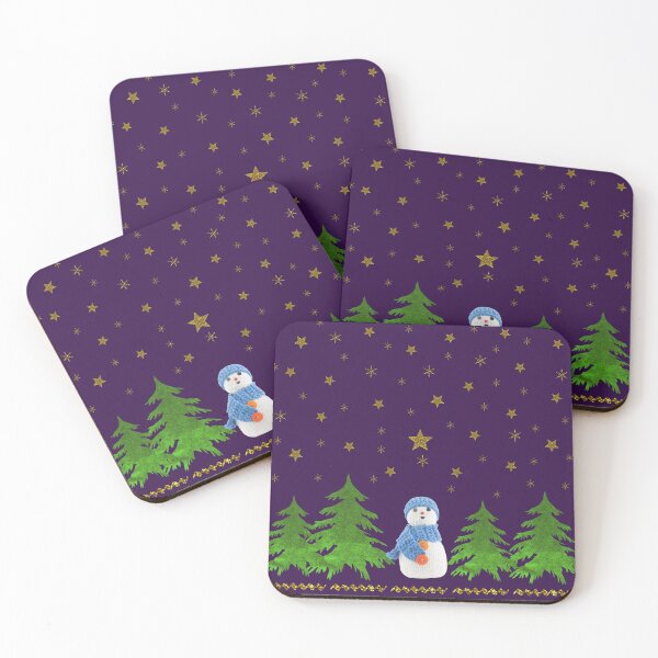 Item preview, Sparkly gold stars, snowman and green tree on purple designed and sold by homemadecreate.