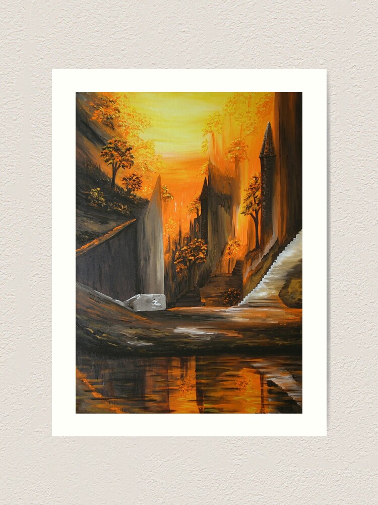 Kunstdruck mit Gemälde surrealistische Stadt mit Wasserspiegelung in orangebraunen Tönen, designt und verkauft von Sonja-Haueisen