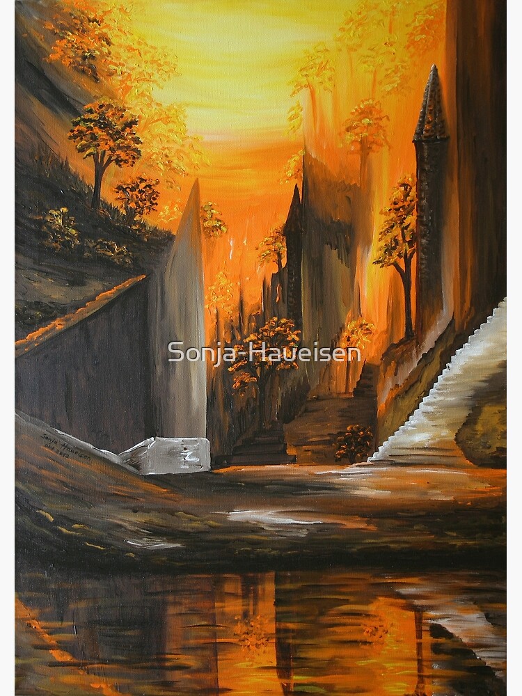 Design-Ansicht von Gemälde surrealistische Stadt mit Wasserspiegelung in orangebraunen Tönen, designt und verkauft von Sonja-Haueisen