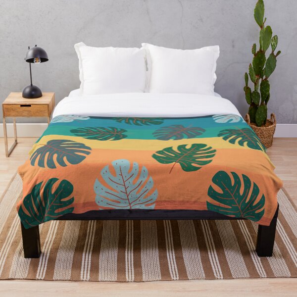 Item preview, Color block stripes pattern with green and teal Monstera plant leaves.   designed and sold by milkasweet.
