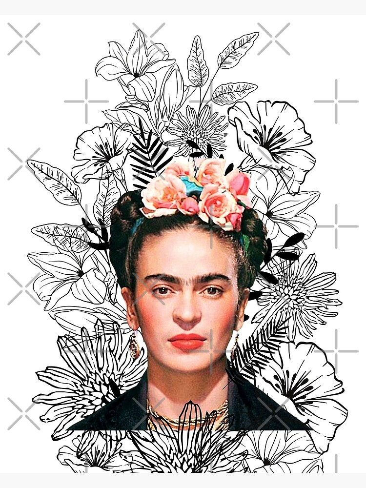 frida-kahlo-print-black-and-white-flowers-canvas-print-by