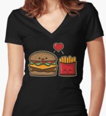 Burger und Pommes Tailliertes T-Shirt mit V-Ausschnitt