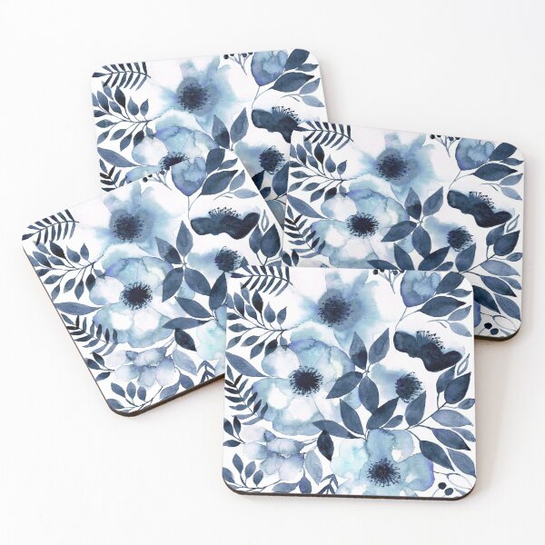 Item preview, Hamptons style navy blue watercolour floral painting designed and sold by Anne-Marie Bloor.