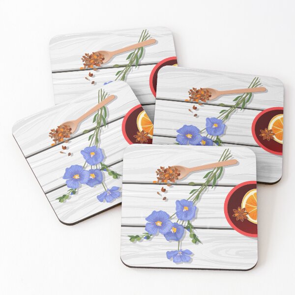 Item preview, Flat lay of herbal tea with flax flowers and scattered seeds. Healthcare, self care and superfoods concept designed and sold by Familyshmot.