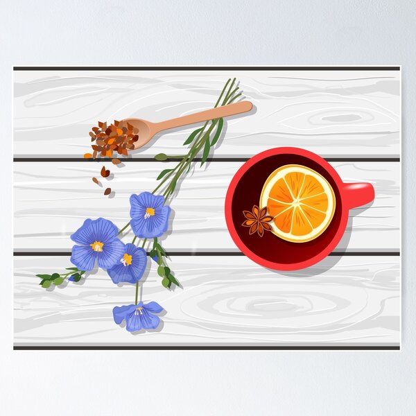 Item preview, Flat lay of herbal tea with flax flowers and scattered seeds. Healthcare, self care and superfoods concept designed and sold by Familyshmot.