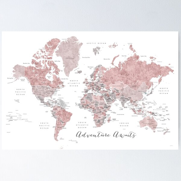 Item preview, Dusty pink and grey world map with capitals designed and sold by blursbyai.
