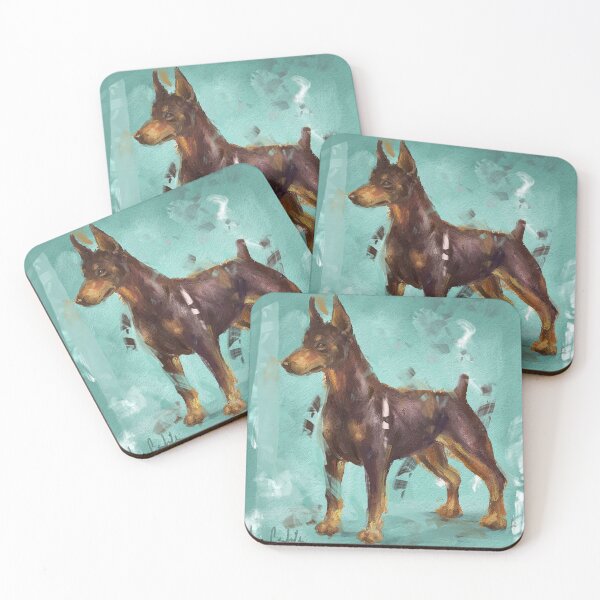 Item preview, Impressionistic Painting of a Doberman Pinscher on Green Blue Background designed and sold by ibadishi.
