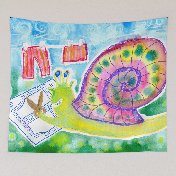 Item preview, Snail tailor/seamstress sewing new cloths children illustration designed and sold by Pragonette.