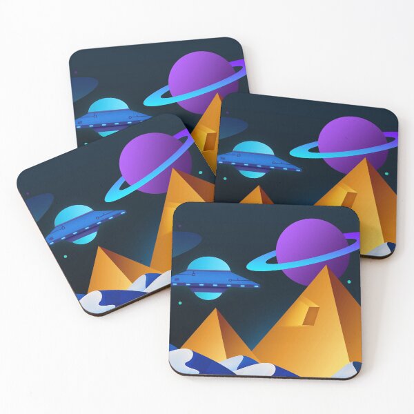 Item preview,  80s Retrowave futuristic desert landscape with Pyramids and aliens in space designed and sold by Cursed Design.