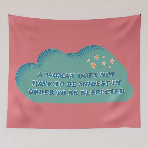 Item preview, A Woman Does Not Have To Be Modest In Order To Be Respected Quote - 70s Groovy Inspired Cloud Design - Blue, Teal, and Yellow designed and sold by annedesignco.