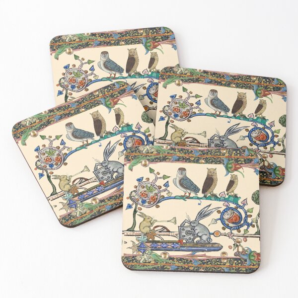 WEIRD MEDIEVAL BESTIARY MAKING MUSIC, Three Owls And Concert of Rabbits Coasters (Set of 4)