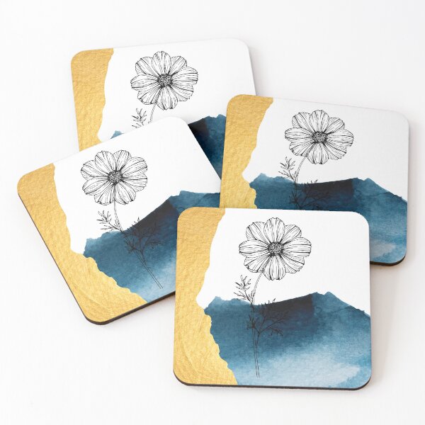 Item preview, Gold and navy blue watercolor abstract shapes with cosmos flower line art digital design illustration  designed and sold by MazeMazekeen.
