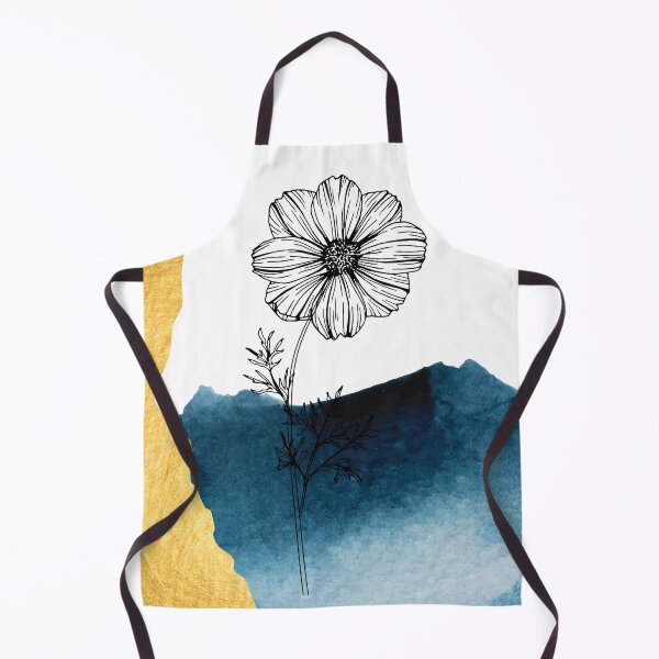 Item preview, Gold and navy blue watercolor abstract shapes with cosmos flower line art digital design illustration  designed and sold by MazeMazekeen.
