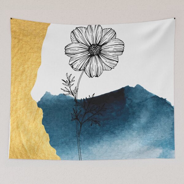 Item preview, Gold and navy blue watercolor abstract shapes with cosmos flower line art digital design illustration  designed and sold by MazeMazekeen.