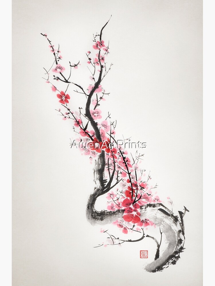 Papel pintado autoadhesivo de PVC, pintura tradicional china de flores,  flor de ciruelo y dos pájaros en despegar y pegar, para pared, póster de