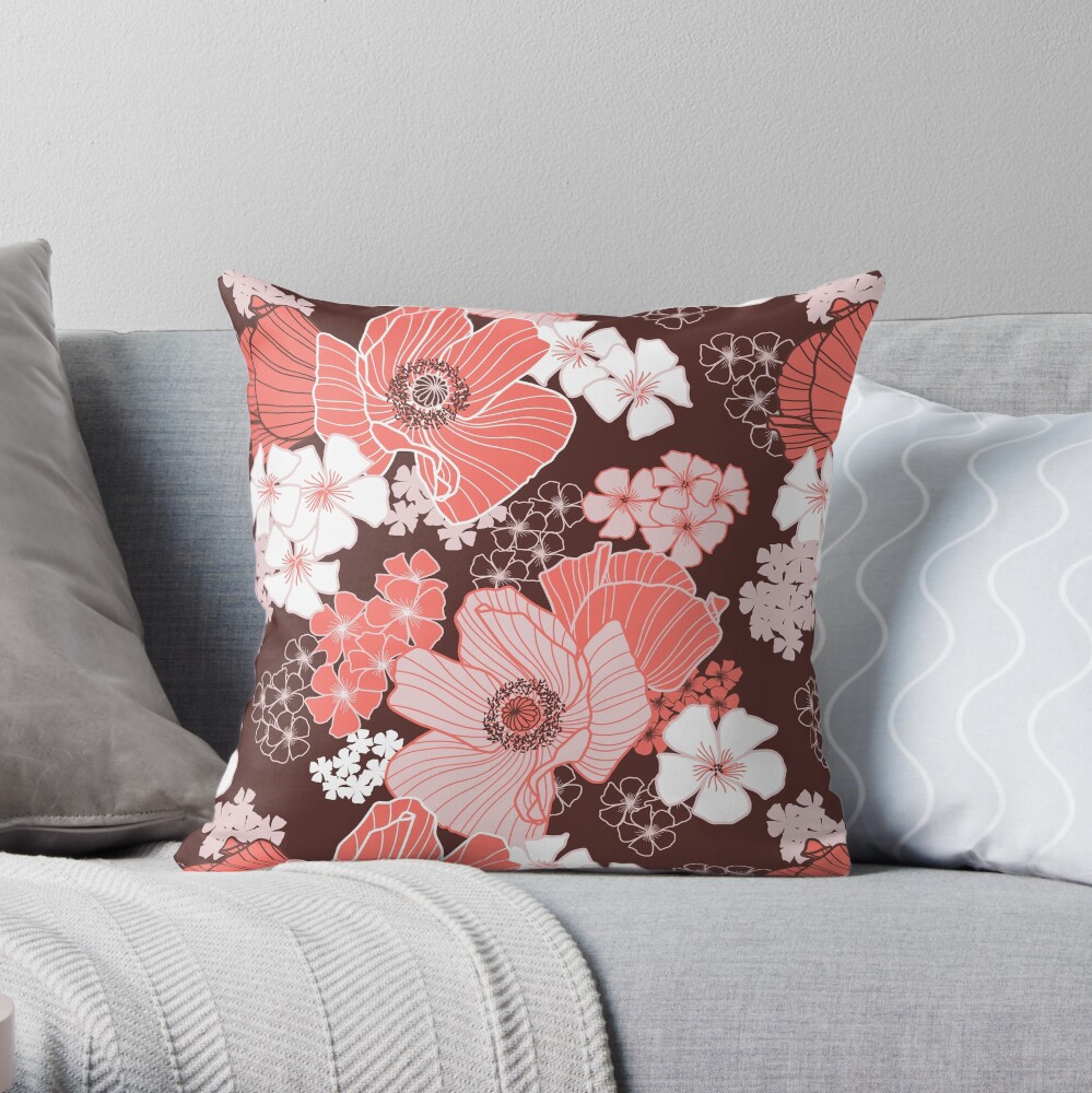 Coral Poppies Throw Pillow