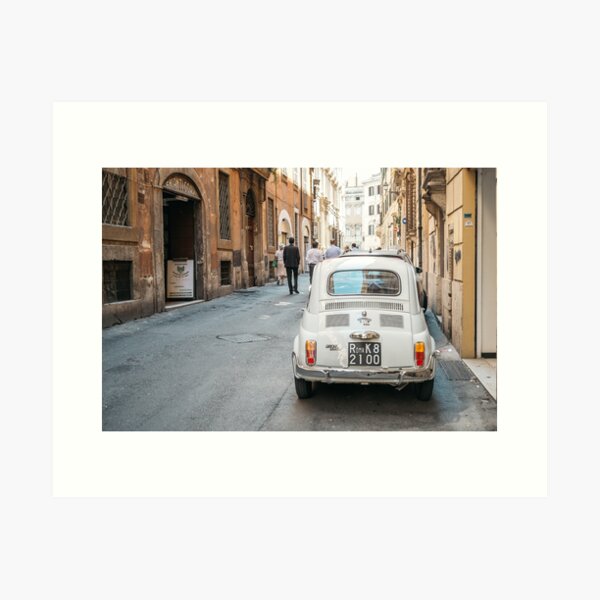 Fiat 500 in the streets of Rome. Street corner with old and vintage buildings in the Italy. Art Print