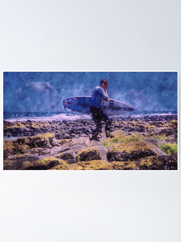 "Surfer Traversing the Rocks Watercolor" Poster for Sale by