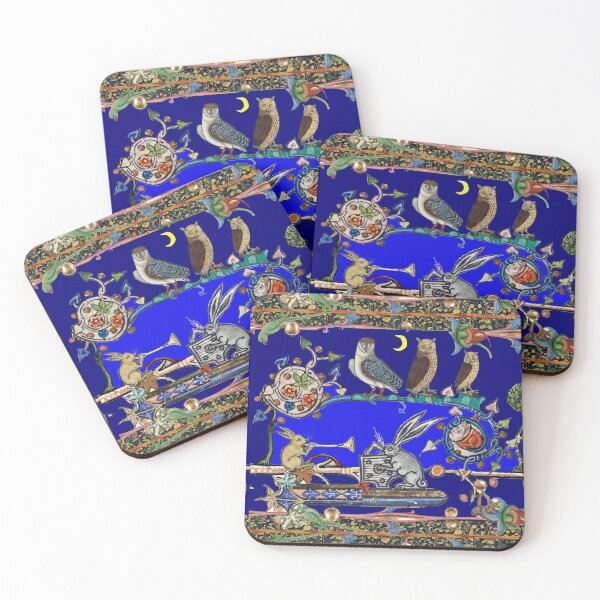 WEIRD MEDIEVAL BESTIARY MAKING MUSIC, Three Owls And Night Concert of Rabbits Coasters (Set of 4)
