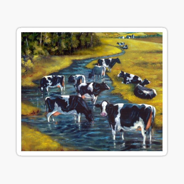 Painting of Holstein Cows in the Brook, Farm Scene Sticker