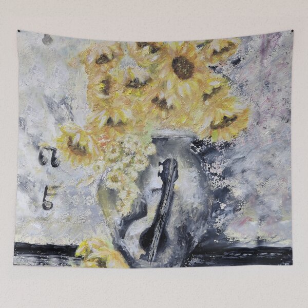 Item preview, Sunflowers, flowers in a vase, classical music, musical instrument, love, soft gentle original oil painting by Luna Smith designed and sold by Luna-Smith.
