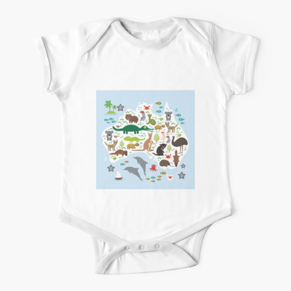 Australian animal map and ocean Echidna Platypus ostrich Emu Tasmanian devil Cockatoo parrot Wombat snake turtle crocodile kangaroo dingo octopus fish. Short Sleeve Baby One-Piece
