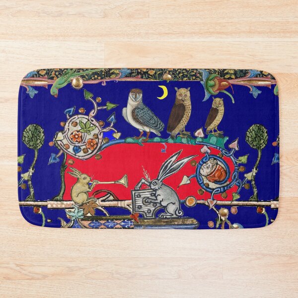 Item preview, WEIRD MEDIEVAL BESTIARY MAKING MUSIC,Three Owls And Night Concert of Rabbits Red Blue Collage by Bulgan Lumini designed and sold by BulganLumini.