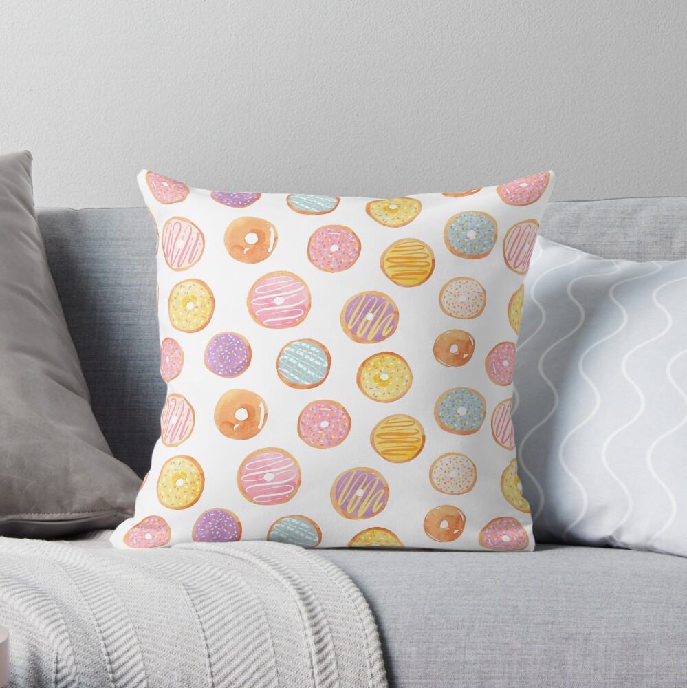 Watercolor Donuts - Rainbow Pastel Throw Pillow