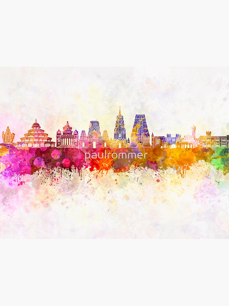"Bangalore skyline in watercolor background" Sticker for Sale by