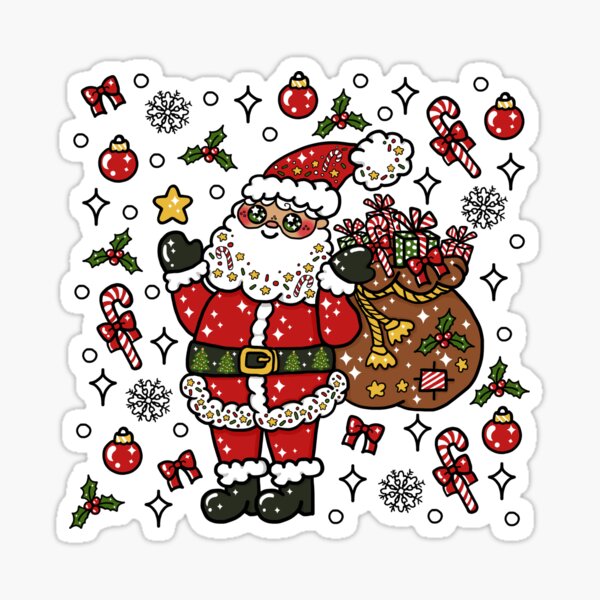 Jolly Kawaii Christmas Santa (black line art) Sticker